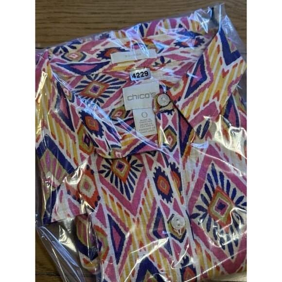 Chicos Womens Size 0 Linen No Iron Button Up Shirt 3/4 Sleeve Aztec Colorful - Picture 15 of 15